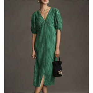 Anthropologie V-Neck Pleated Emerald Green Midi Dress Size Medium.